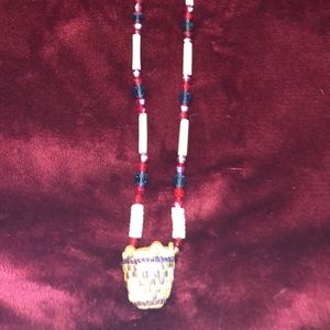 Long Indian Beaded Necklace with Woven Basket